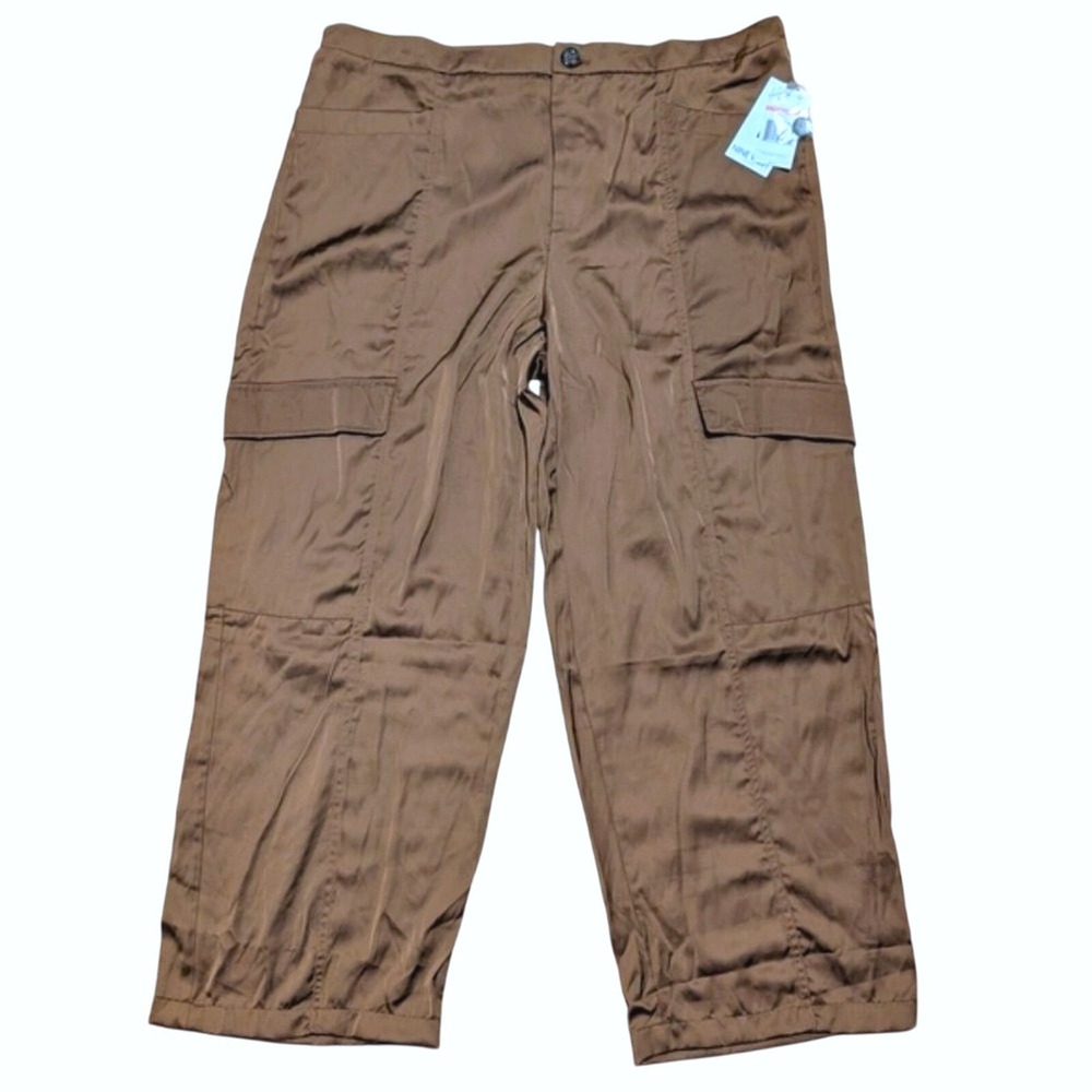 Nine West Pants Plus 3X Brown Satin Wide‎ Leg Trouser Dressy Cargo NEW NWT